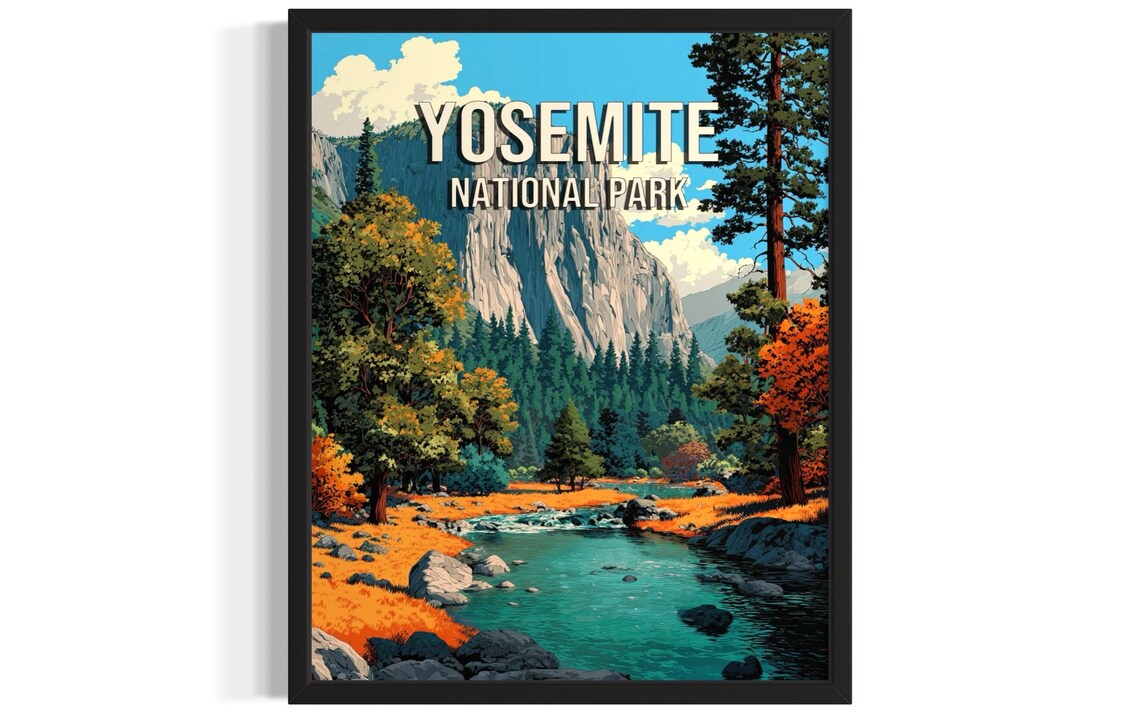 Yosemite National Park Granite Cliff and River in Autumn Vintage Poster