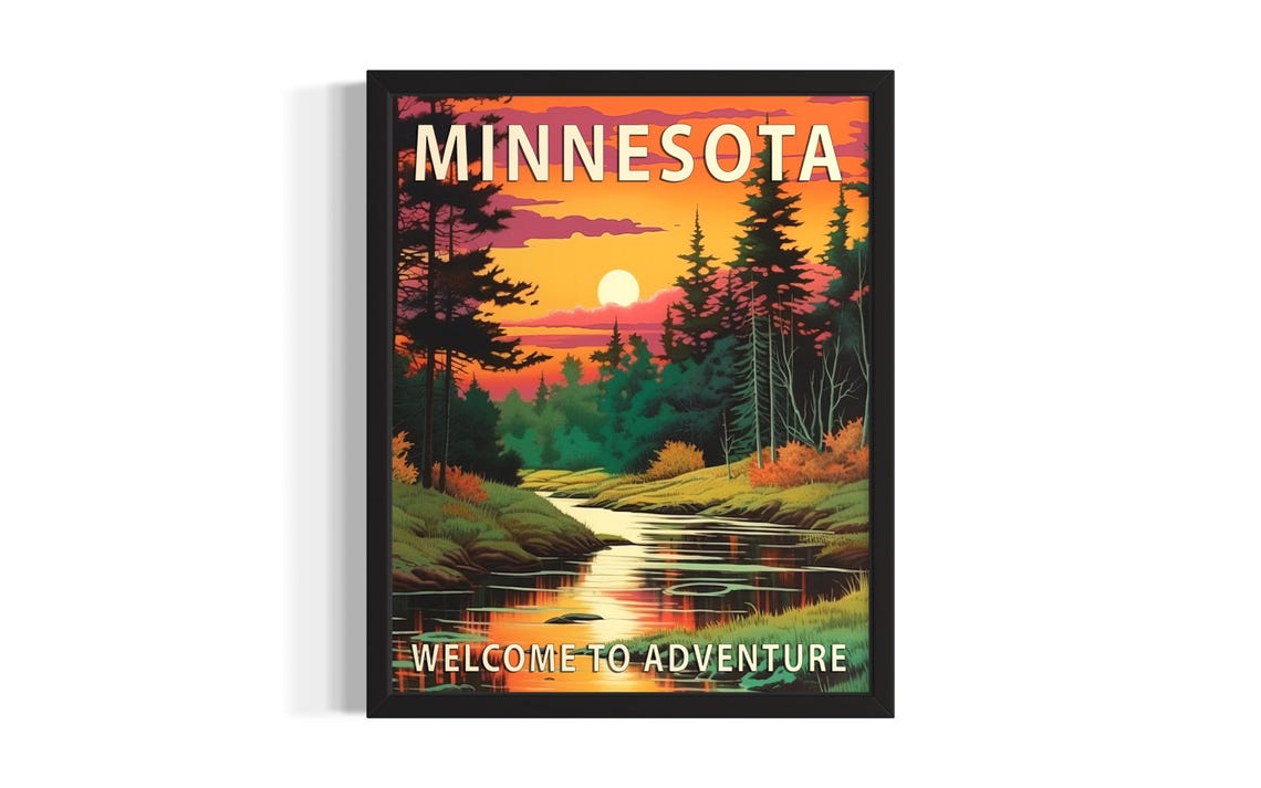 Minnesota Welcome to Adventure Sunset River Pine Forest Poster