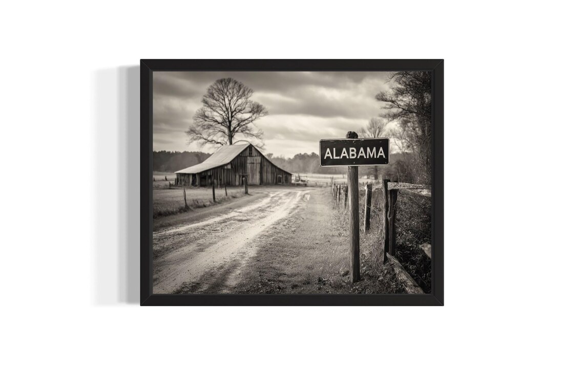 Alabama Country Road Barn Sign Black and White Vintage Photo Print