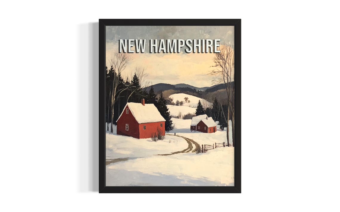 New Hampshire Winter Red Barn Snowy Farm Vintage Travel Poster