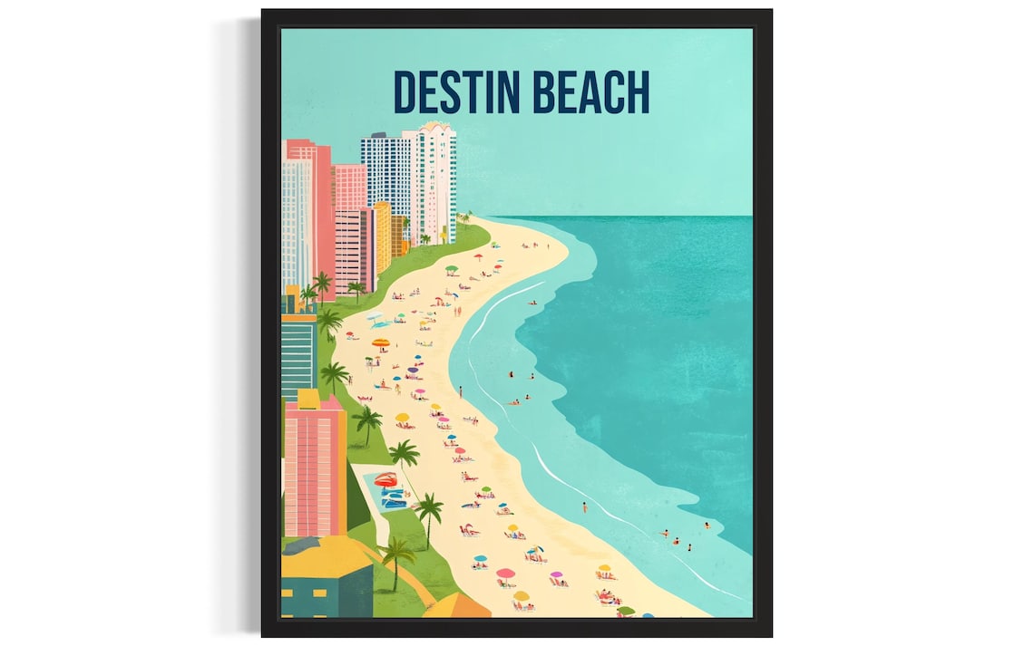 Destin Beach Aerial Shoreline Umbrellas Scene Retro Travel Poster