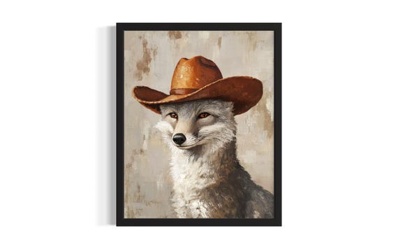 Gray Fox Animal Cowboy Poster Art Print Living Room Wall Original Painting Artwork Decor