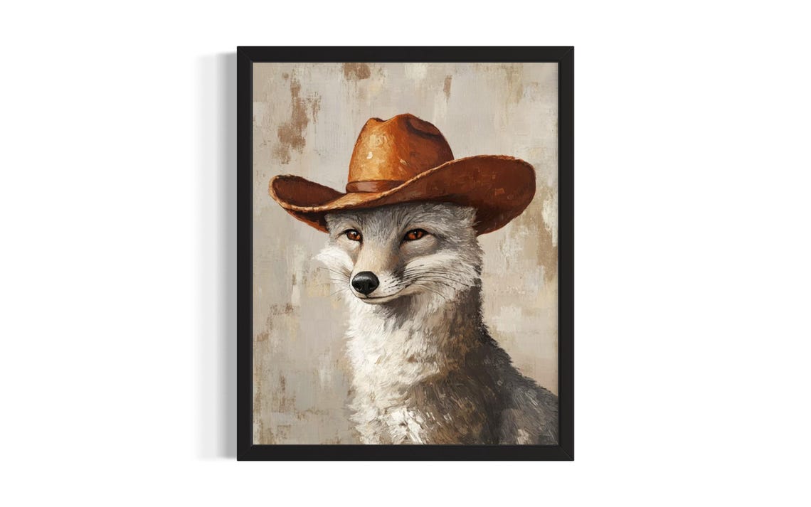 Gray Fox Animal Cowboy Poster Art Print Living Room Wall Original Painting Artwork Decor