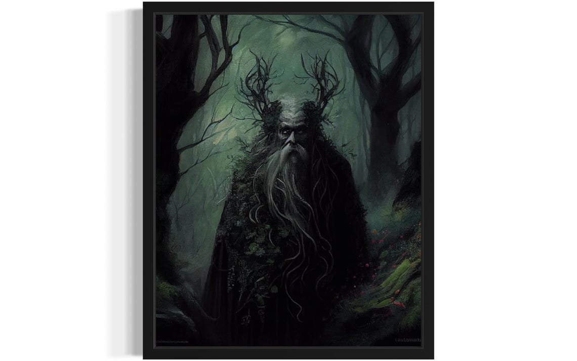 Horned Forest Druid With Moss Beard in Misty Green Woodland Poster