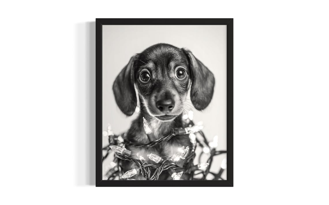 Sweet Dachshund Puppy Tangled In Glowing Christmas Lights Poster