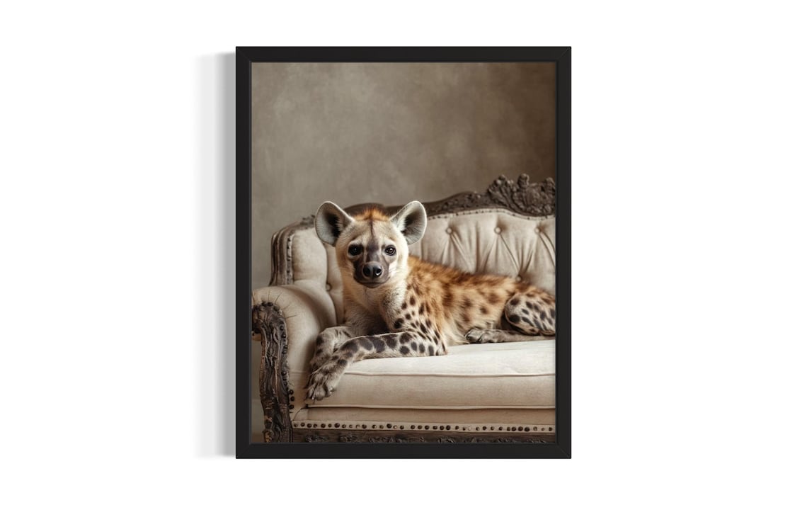 Spotted Hyena Relaxing on Cream Vintage Sofa Portrait Poster