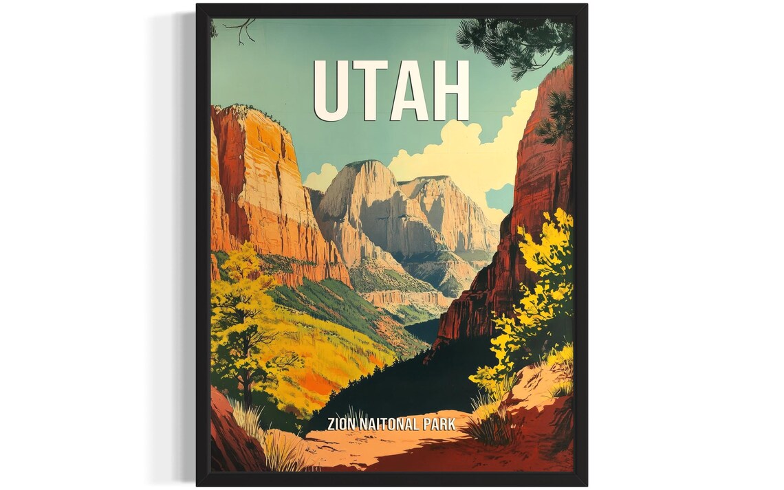 Utah Zion National Park Red Rock Canyon Retro Travel Style Poster