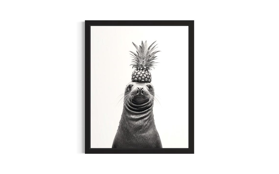 Seal Balancing Pineapple on Head Funny Black and White Kitchen Poster