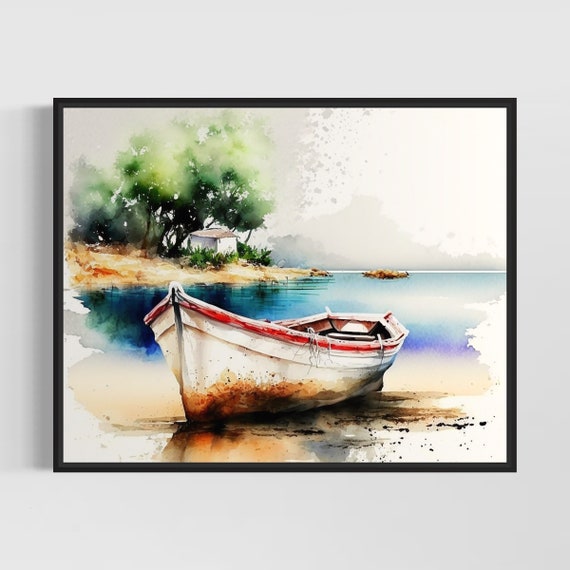 Boat On Lake Watercolor Art Print Boat On Lake Painting Wall Art Decor Original Artwork By Artist