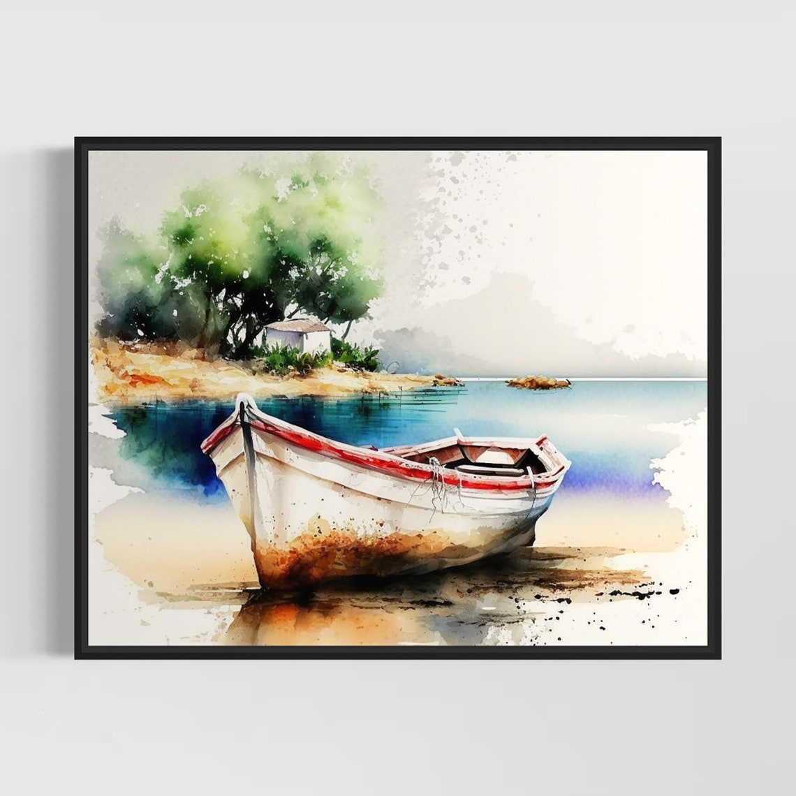 Boat On Lake Watercolor Art Print Boat On Lake Painting Wall Art Decor Original Artwork By Artist