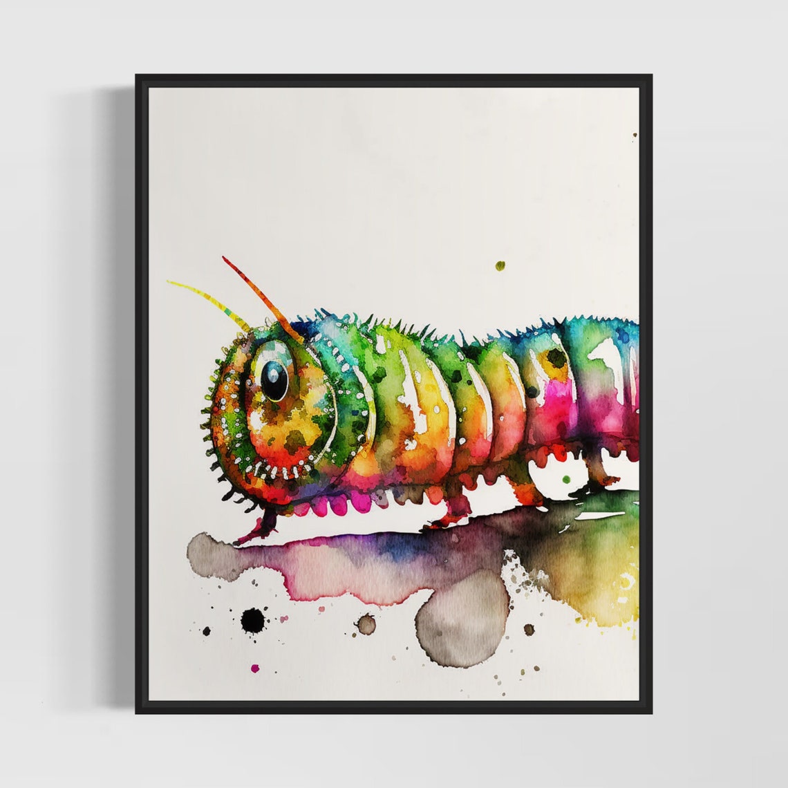 Rainbow Caterpillar In Bright Watercolor Ink Splashes Art Poster
