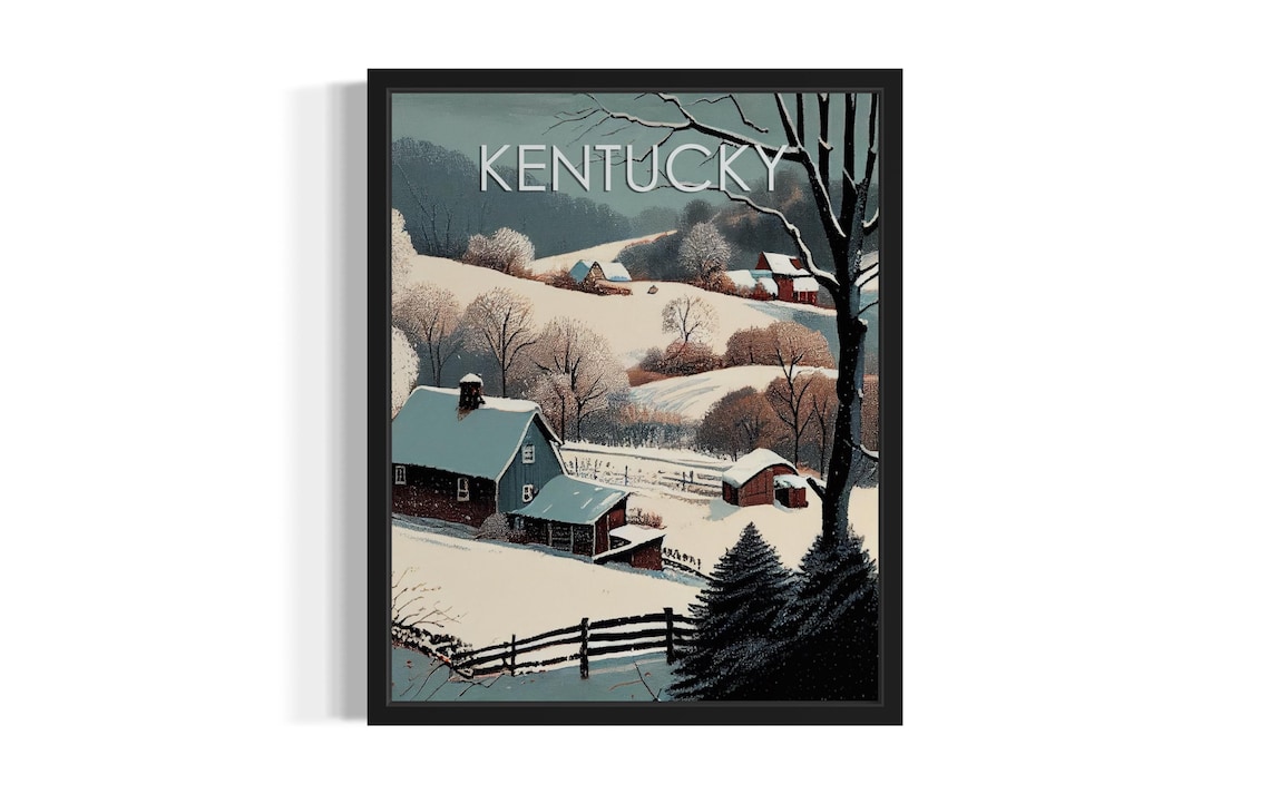 Kentucky Winter Snowy Village Red Barns Vintage Folk Holiday Poster