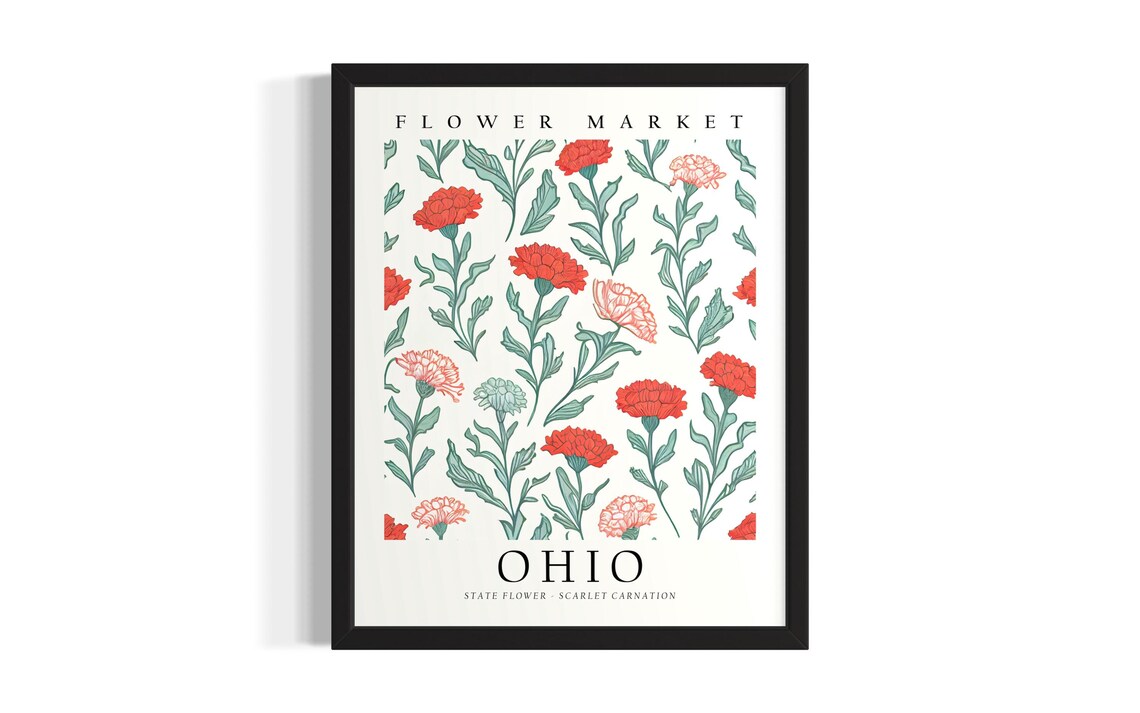 Ohio Flower Market Scarlet Carnation Floral Botanical Art Poster