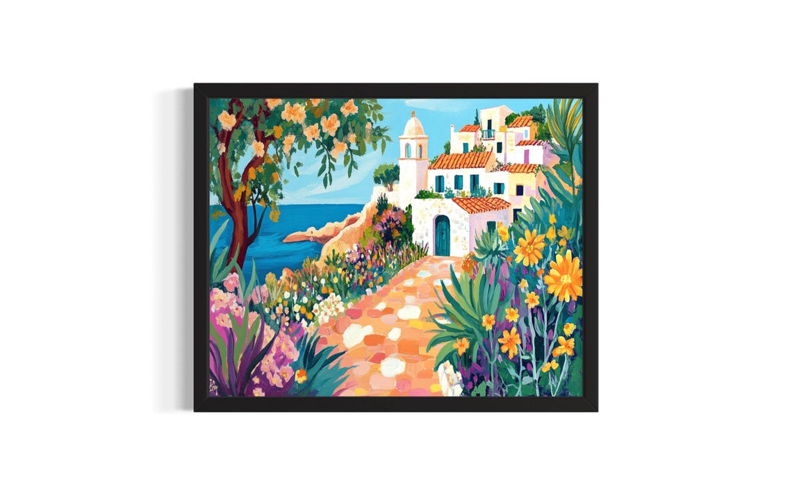 Mediterranean Coastal Village Flower Path Sea View Art Poster