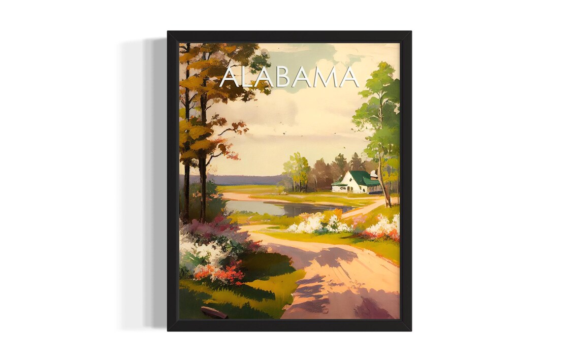 Alabama Countryside Pond Farmhouse Spring Landscape Painting Poster