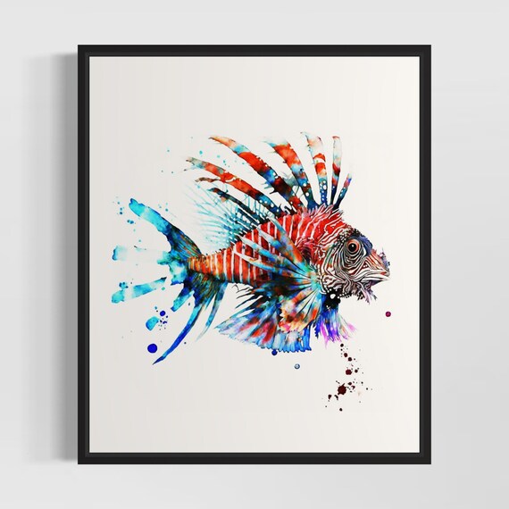 Striped Lionfish Spreading Spines Watercolor Sea Life Art Poster
