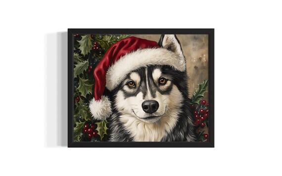 Husky Dog in Santa Hat with Christmas Holly Berries Painting Poster