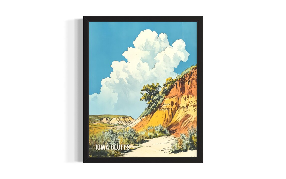 Iowa Bluffs Red Rock Cliffs Prairie Trail Vintage Travel Poster