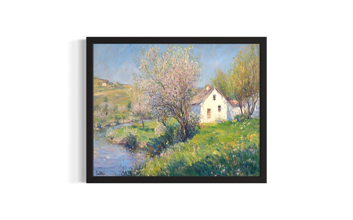 Spring Blossom Farmhouse Stream Impressionist Countryside Poster