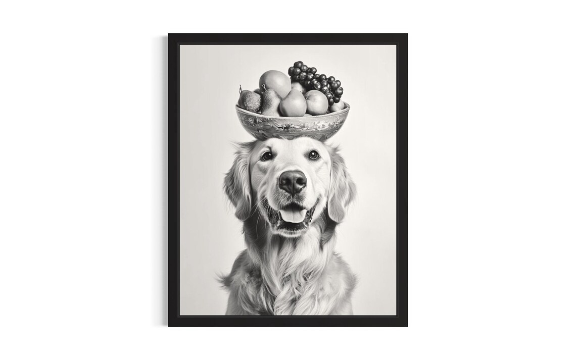 Smiling Golden Retriever Balancing Fruit Bowl on Head Funny Dog Poster