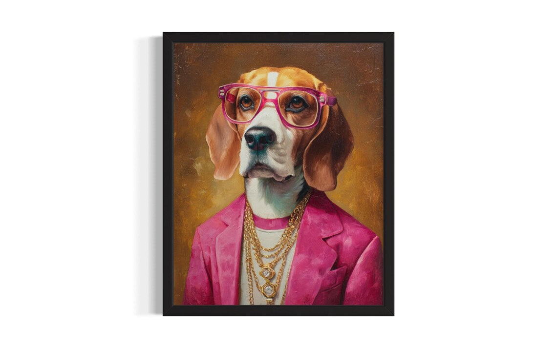 Beagle Dog Hip Hop Portrait Pink Blazer Gold Chain Funny Art Poster