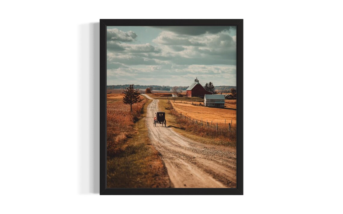 Amish Horse Buggy Dirt Road Red Barn Rural Landscape Photo Poster