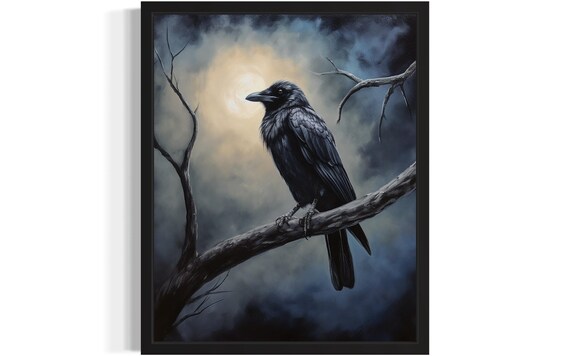 Black Raven On Bare Branch Under Full Moon Night Gothic Poster