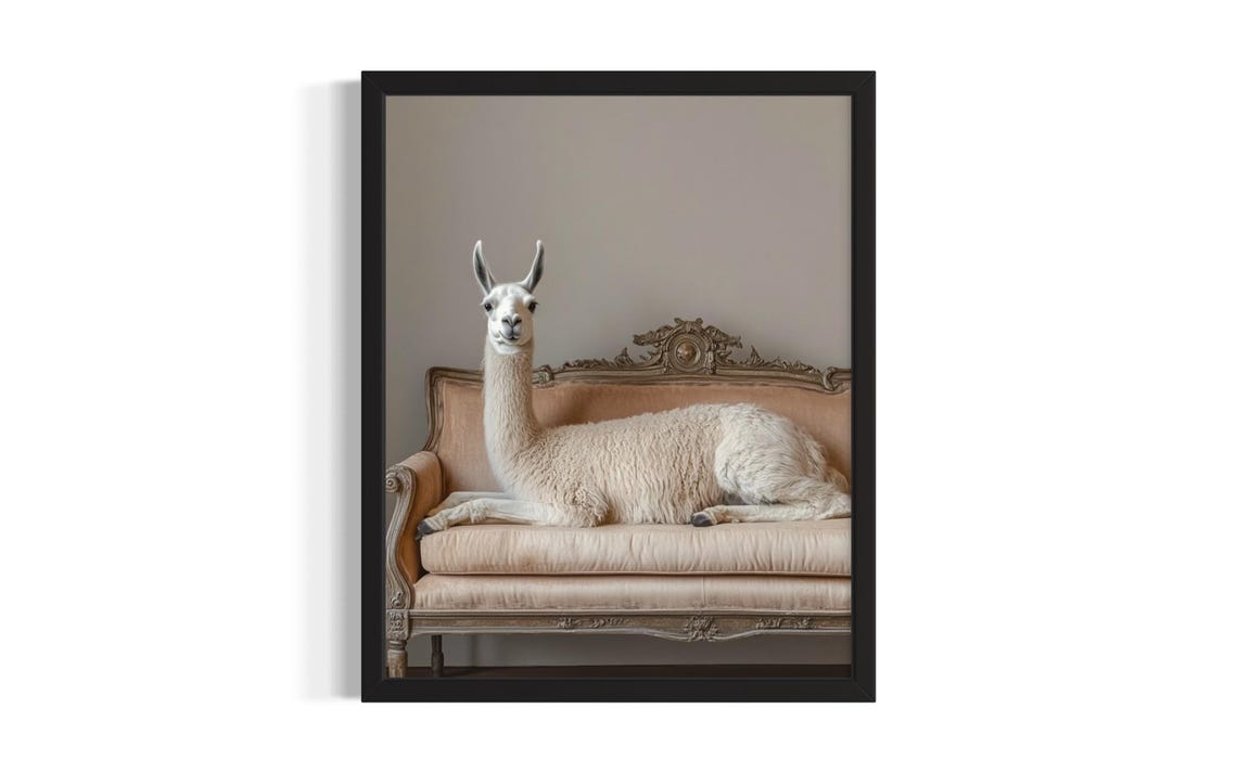 Serene White Llama Reclining on Pink Ornate Sofa Art Vintage Poster