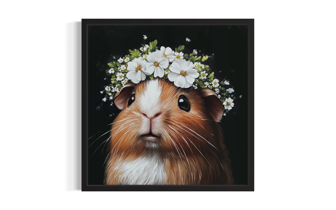 Guinea Pig Daisy Crown Portrait on Black Background Art Poster