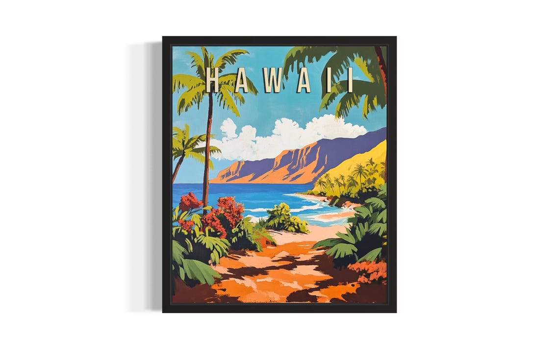 Vintage Hawaii Palm Path To Beach Cliffs Retro Island Travel Poster