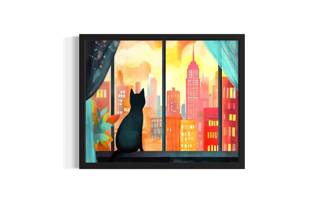 Black Cat at Window Overlooking Sunset City Skyline Art Poster
