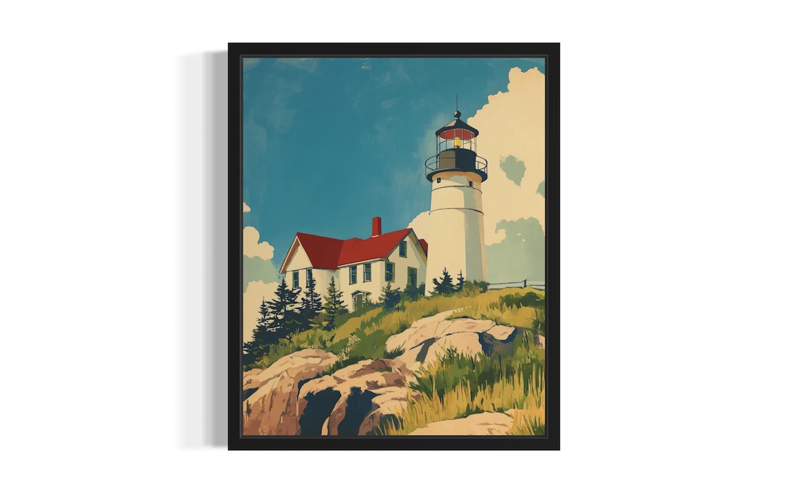 Maine Lighthouse on Rocky Hill Coastal Keeper House Painting Poster