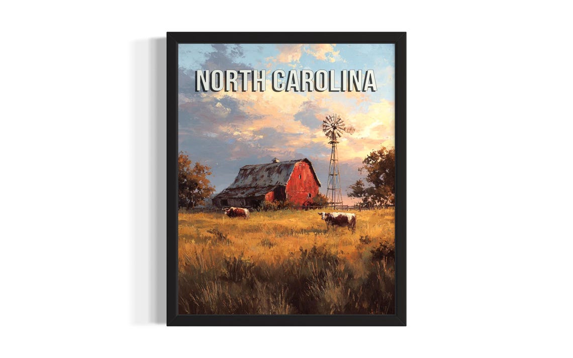 North Carolina Farm Sunset With Red Barn And Windmill Poster