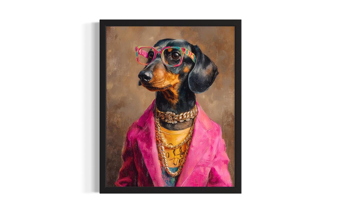 Dachshund Dog Hip Hop Portrait Colorful Glasses Pink Blazer Poster