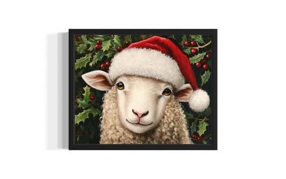 Sheep Wearing A Santa Hat Among Holly Berries Christmas Poster