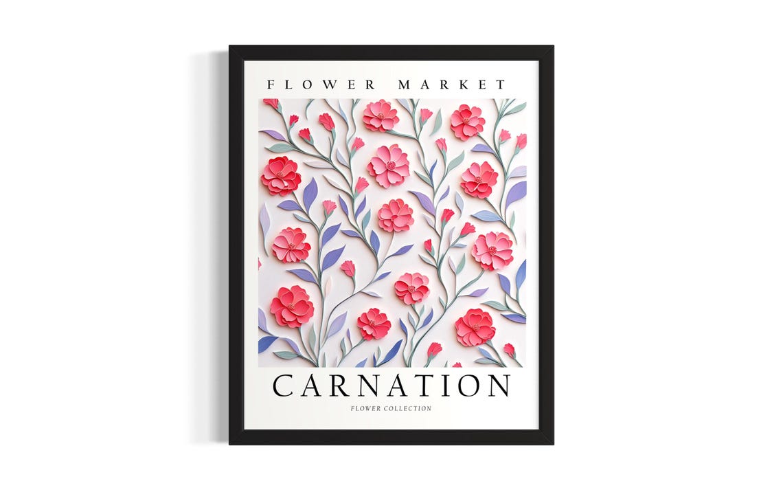 Red Carnation Bloom Flower Market Collection 3D Paper Botanical Poster