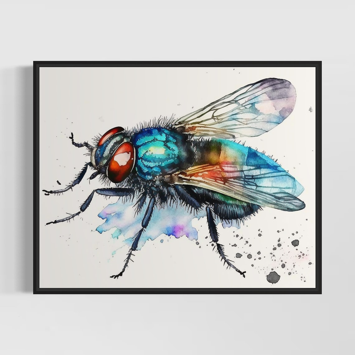 House Fly Macro Portrait In Striking Blue Green Watercolor Print