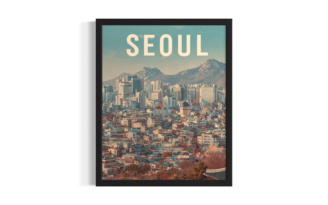 Seoul City Skyline Mountains South Korea Travel Vintage Poster