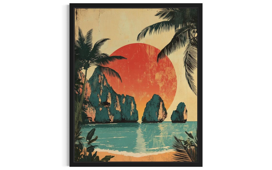 Railay Beach Thailand Limestone Cliffs Red Sun Tropical Poster