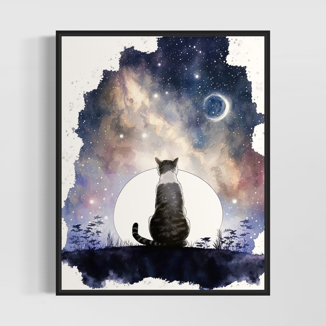 Black Cat Watching the Moon on a Tree Branch Watercolor Night Poster