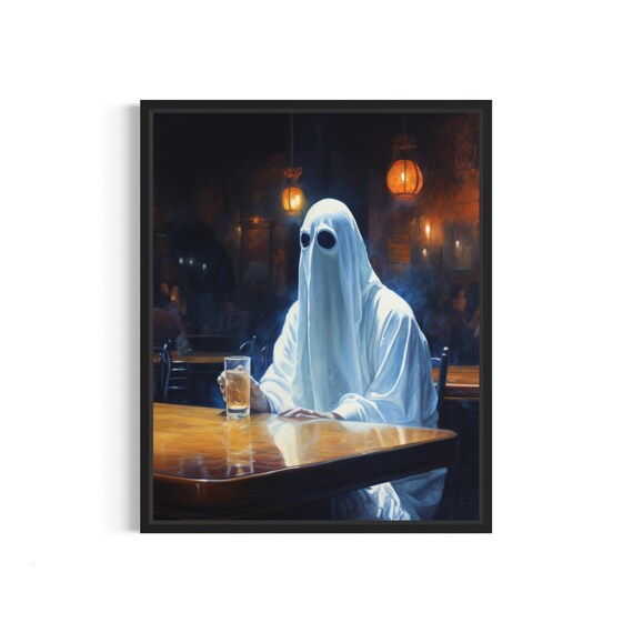 Lonely Ghost Sitting at Bar Table with Beer Spooky Halloween Poster