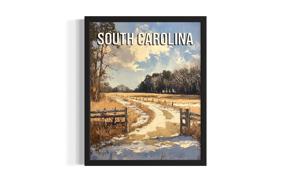 South Carolina Winter Snowy Country Road Fence Painting Poster