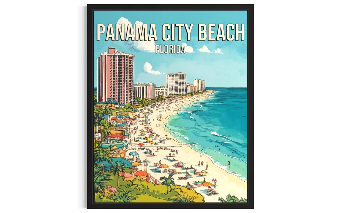 Panama City Beach Florida Crowded Shore Vintage Travel Art Poster