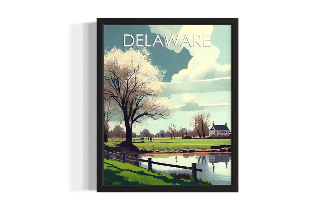Delaware Blossom Tree Lakeside Farmhouse Spring Vintage Poster
