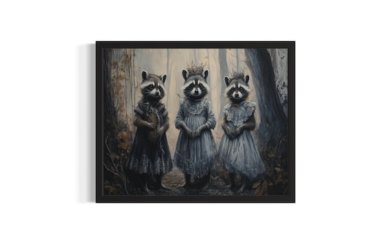 Three Raccoons in Victorian Dresses Dark Whimsical Animal Art Poster