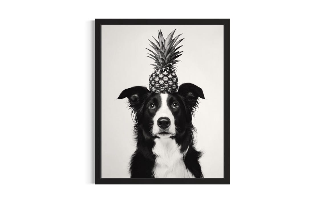 Border Collie Balancing Pineapple Black And White Dog Portrait Poster