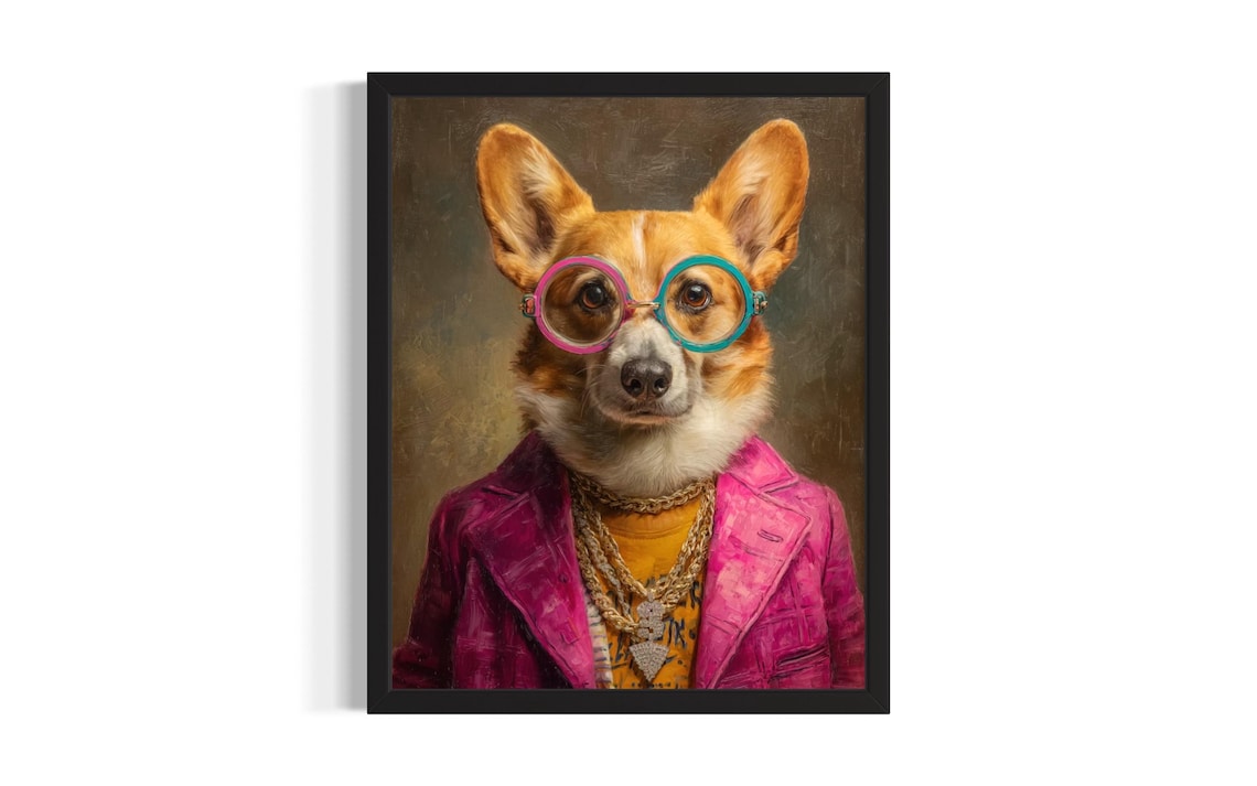 Corgi Dog Hip Hop Portrait Round Glasses Pink Blazer Gold Chain Poster