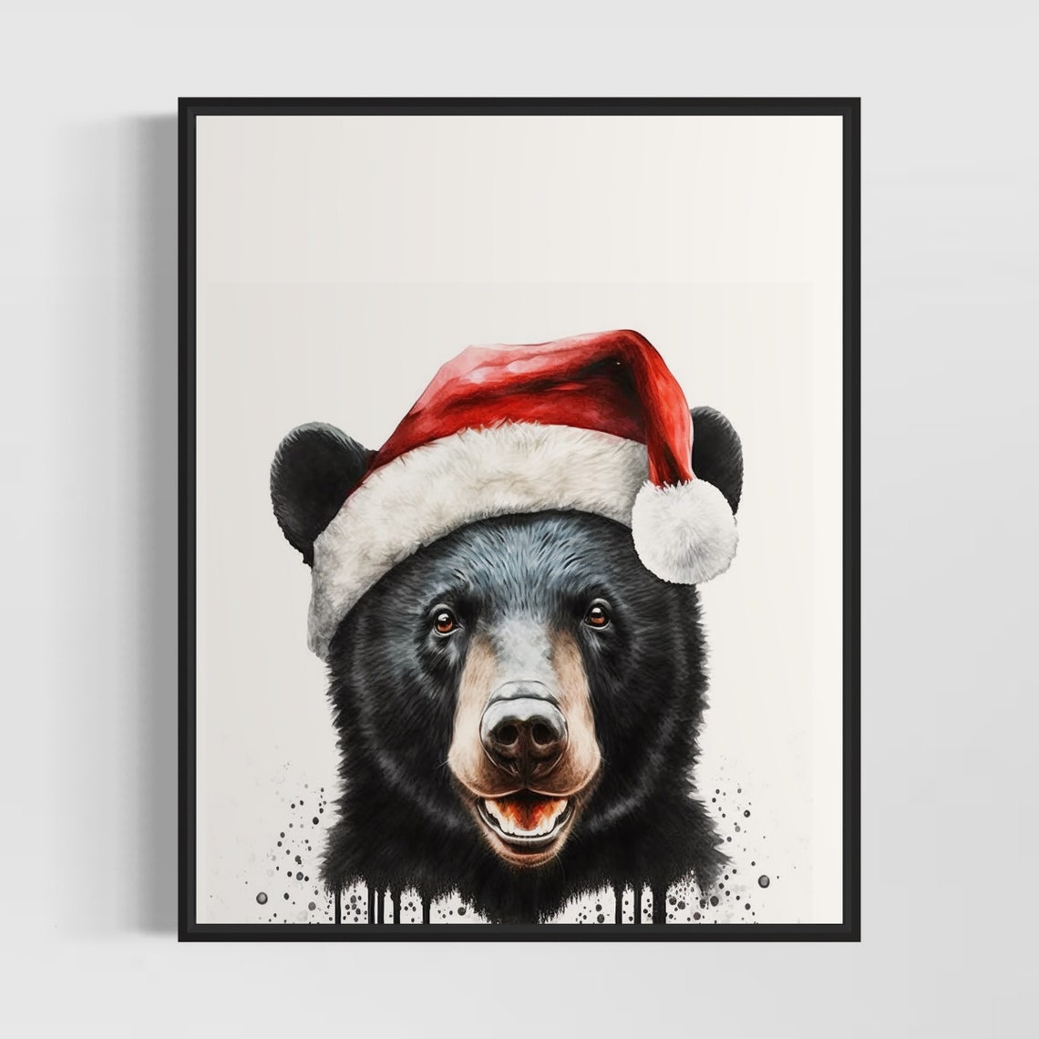Black Bear Wearing a Santa Hat Christmas Watercolor Poster Artwork