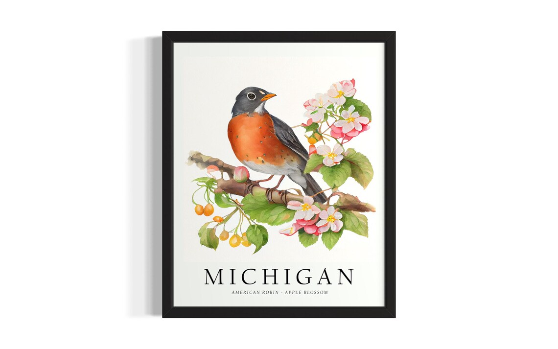 Michigan American Robin Apple Blossom Botanical Watercolor Poster