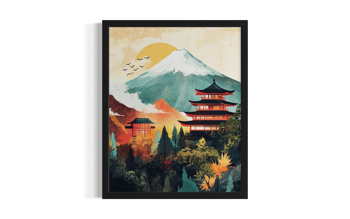 Mount Fuji Japan Pagoda Sunset Autumn Forest Travel Art Poster